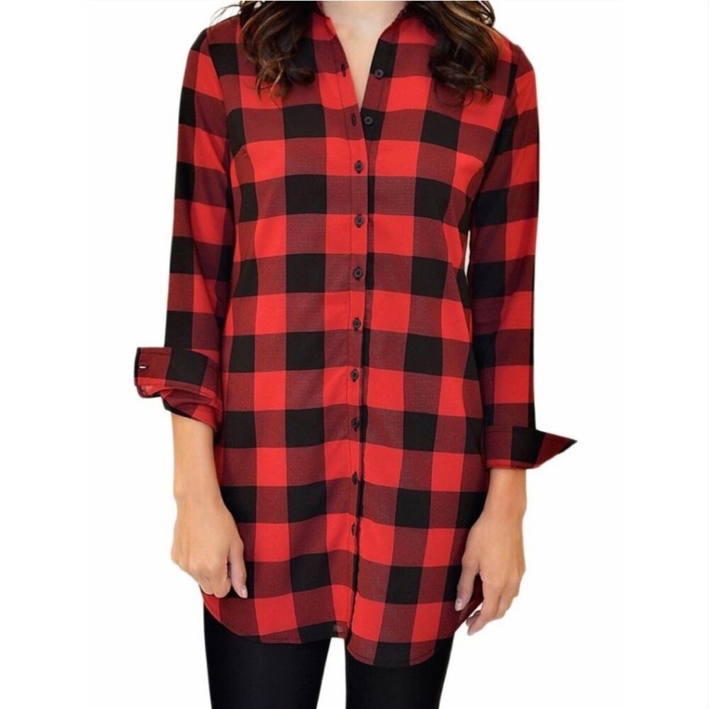 BB Dakota Buffalo Plaid Button Down Tunic Shirt Red Black XS Preppy - Picture 4 of 13